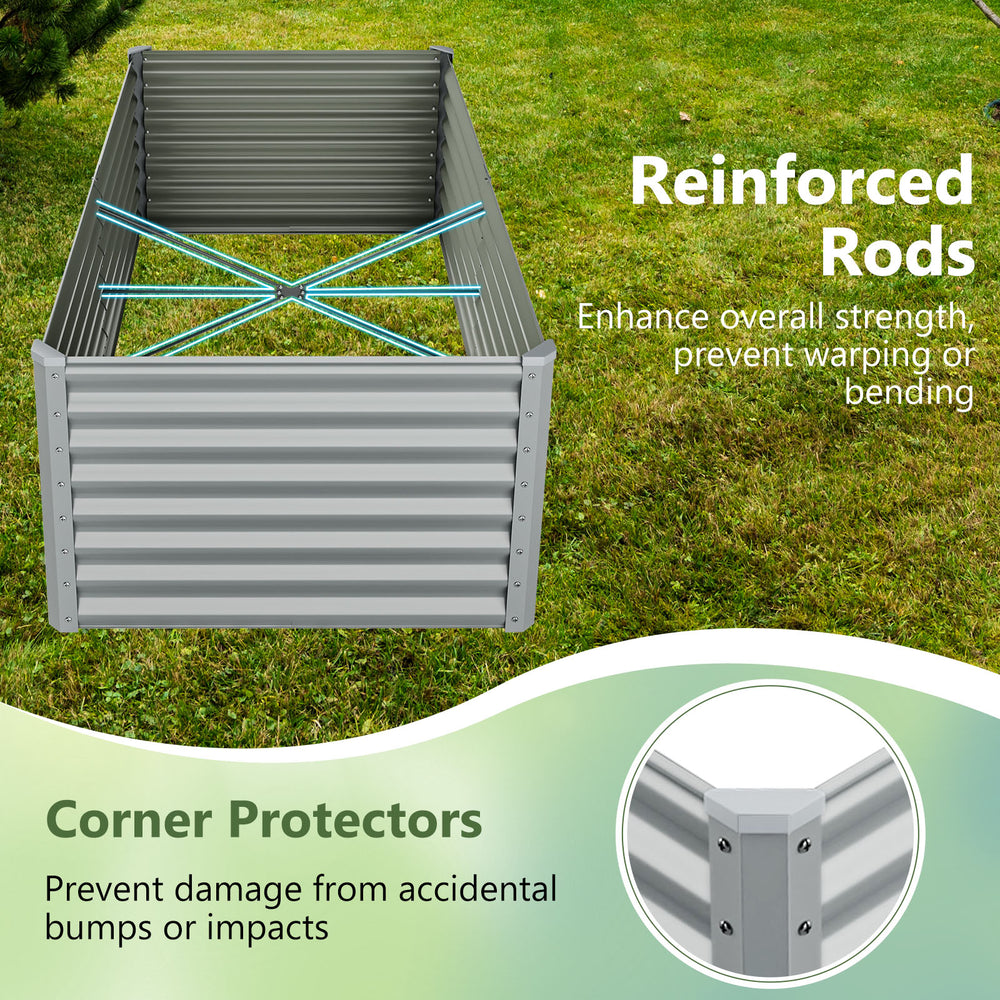 Metal rectangular raised garden bed with reinforced rods and corner protectors, ideal for backyard planting and growth.