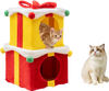 Multicolor gift box-shaped Christmas cat house with two condos, featuring a red bow and plush balls for festive fun.