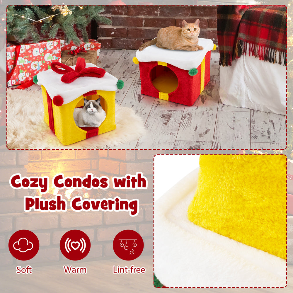 Gift box-shaped Christmas cat house with plush covering, featuring double condos for cozy feline hideaways.