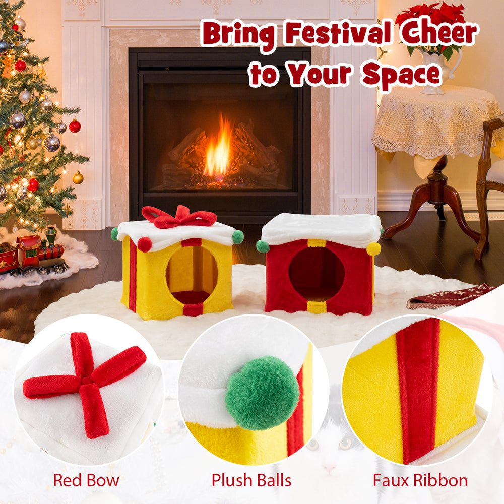 Gift box-shaped Christmas cat house with red bow and plush balls, perfect for festive feline hideaways.
