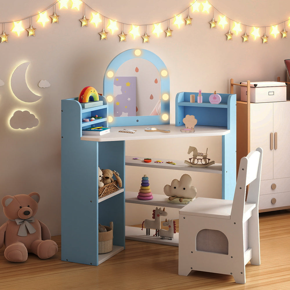Kids vanity set with lights featuring a blue and white design, ample storage, and an ergonomic chair for toddlers.