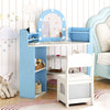 Kids vanity set in blue with LED mirror, open shelves, and ergonomic chair for toddlers, perfect for play or study.
