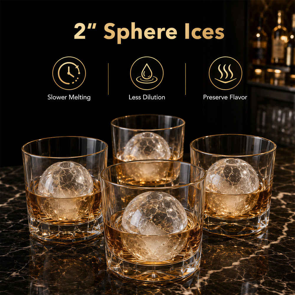 Countertop ice ball maker produces four 2" sphere ice balls in 38 minutes for slower melting and flavor preservation.