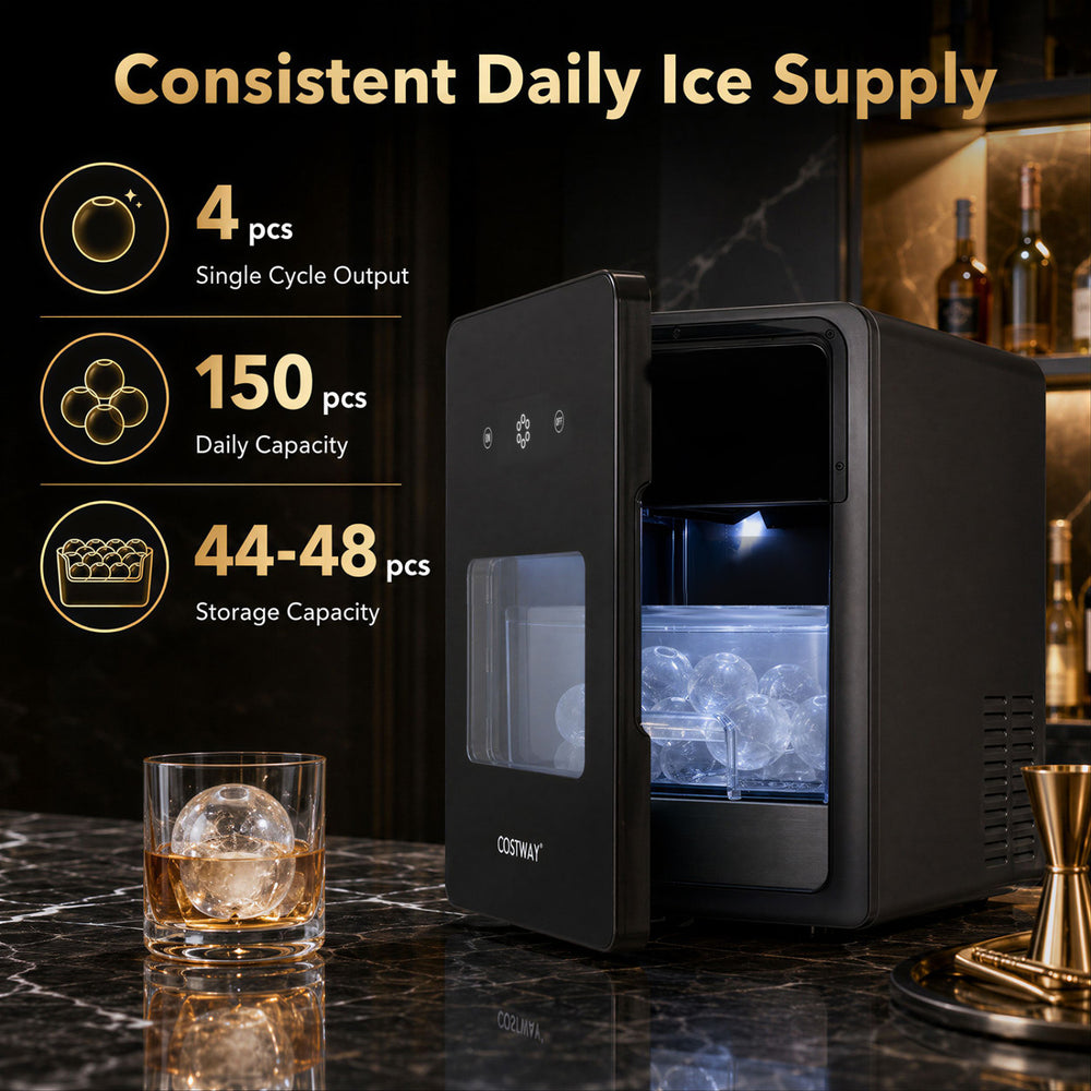 Countertop ice ball maker in black produces 2-inch ice spheres in 38 minutes, with a daily capacity of 150 pieces.