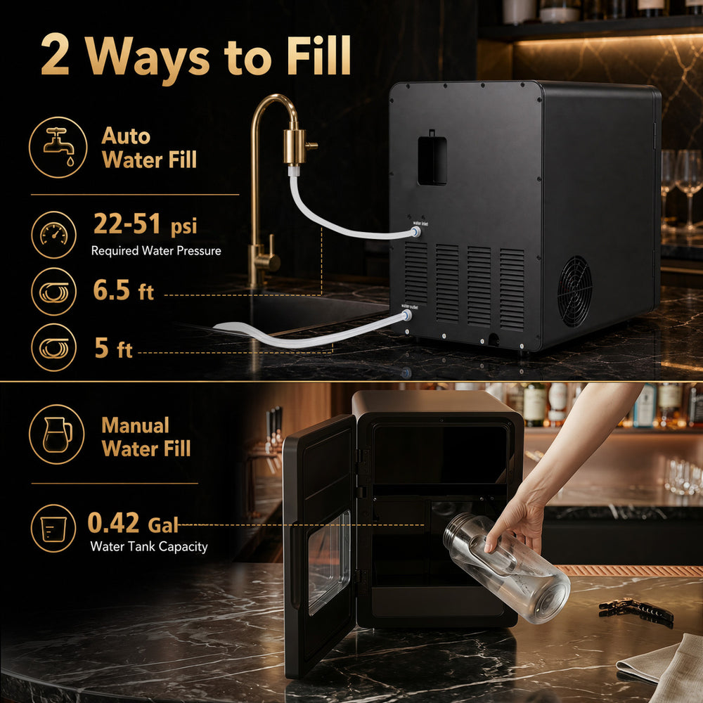 Countertop ice ball maker in black produces 2" ice spheres in 38 minutes with a 0.42-gallon water tank capacity.