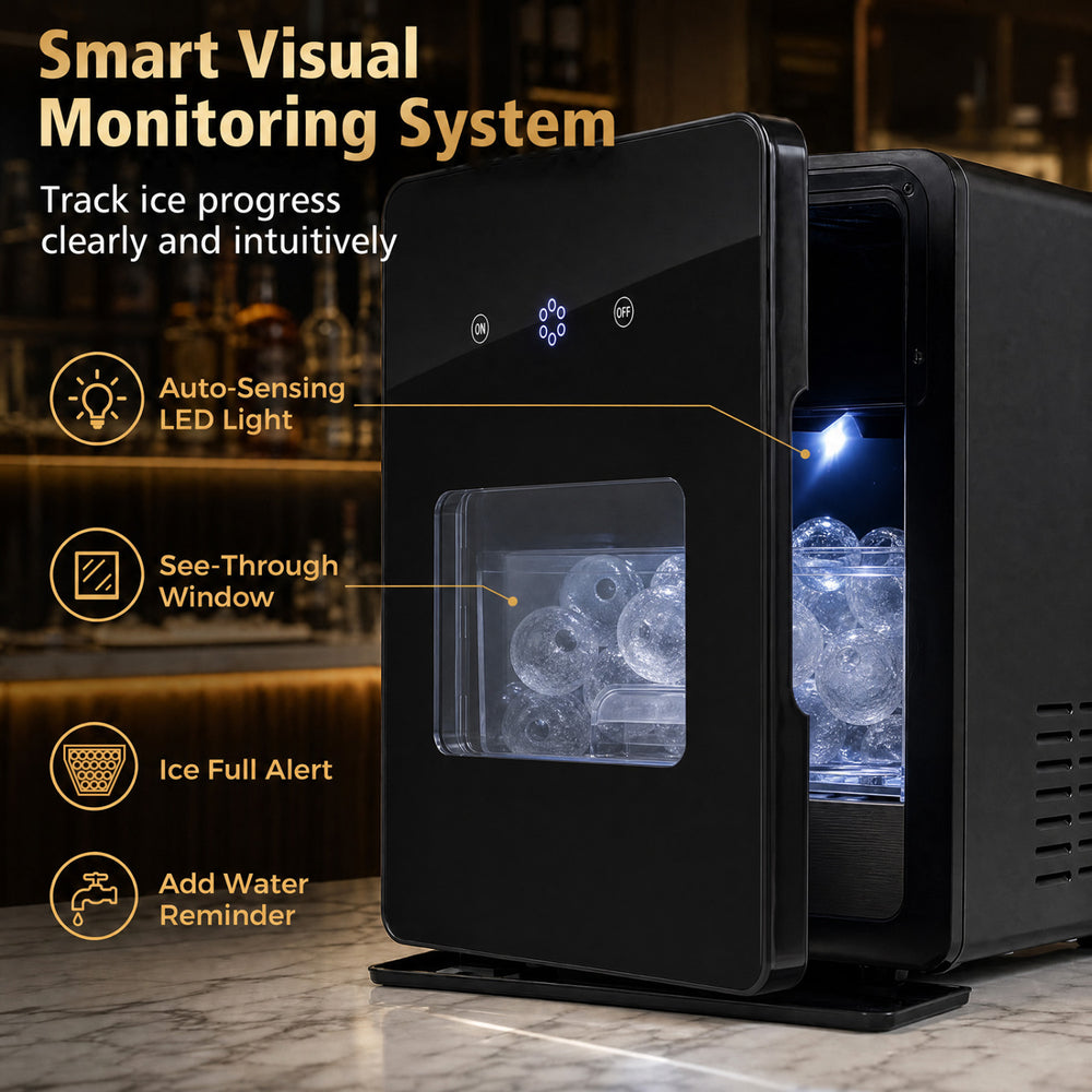 Countertop ice ball maker in black produces 2-inch ice spheres in 38 minutes, featuring a smart visual monitoring system.