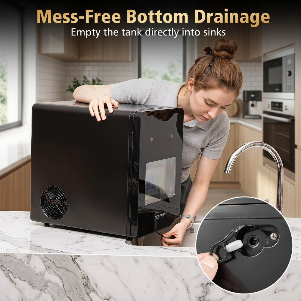 Countertop ice ball maker in black with mess-free bottom drainage, producing 2" ice spheres in 38 minutes for home bars.