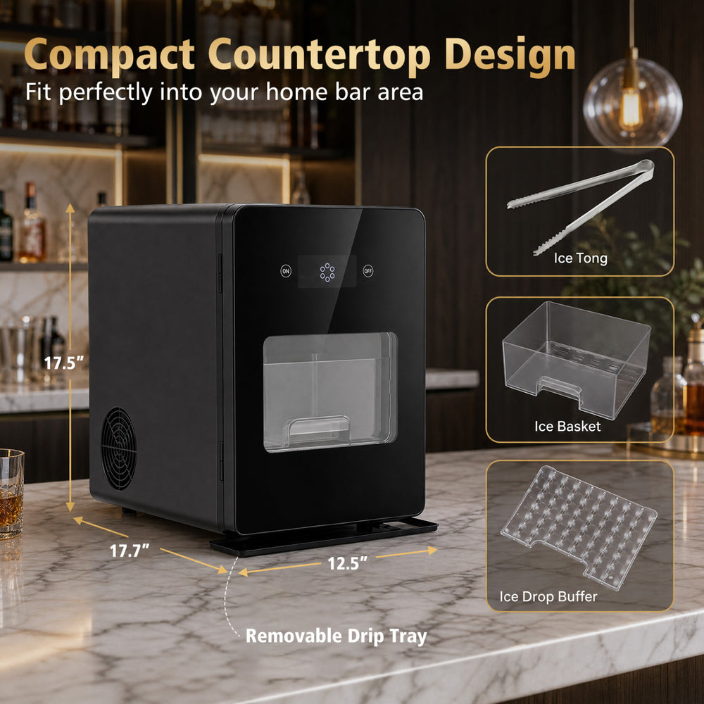 Countertop ice ball maker in black produces 2" ice spheres in 38 minutes, perfect for home bars and low-noise operation.