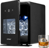 Countertop ice ball maker in black produces 2-inch ice spheres in 38 minutes, perfect for home bars and cocktails.