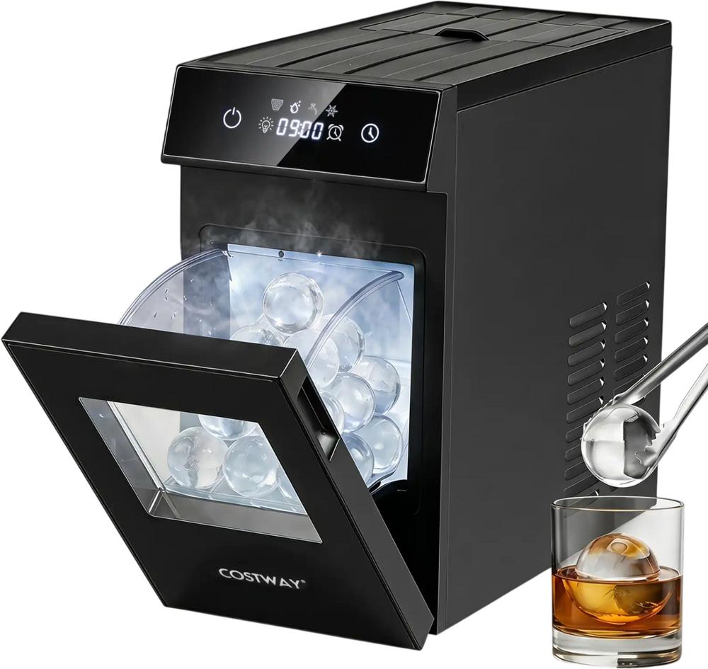 Countertop 2-inch ice ball maker in black with self-cleaning feature and 8-hour timer for convenient ice production.