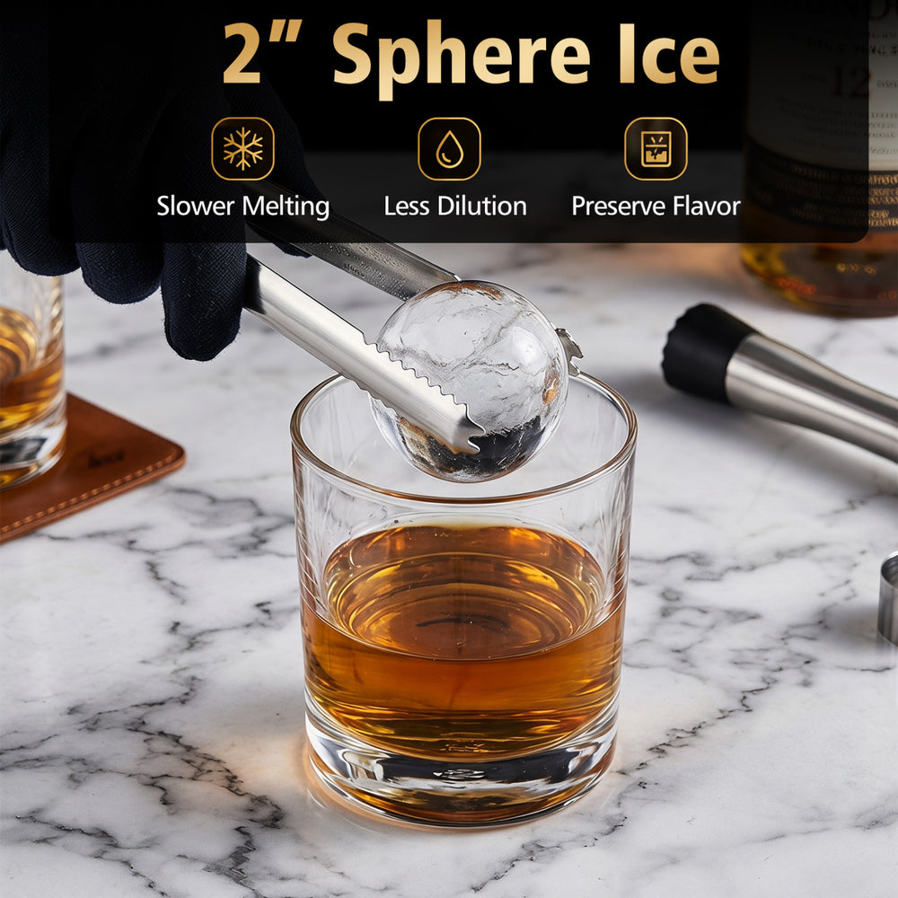 2-inch sphere ice maker in black creates slow-melting ice for cocktails, featuring a self-cleaning function and 8-hour timer.