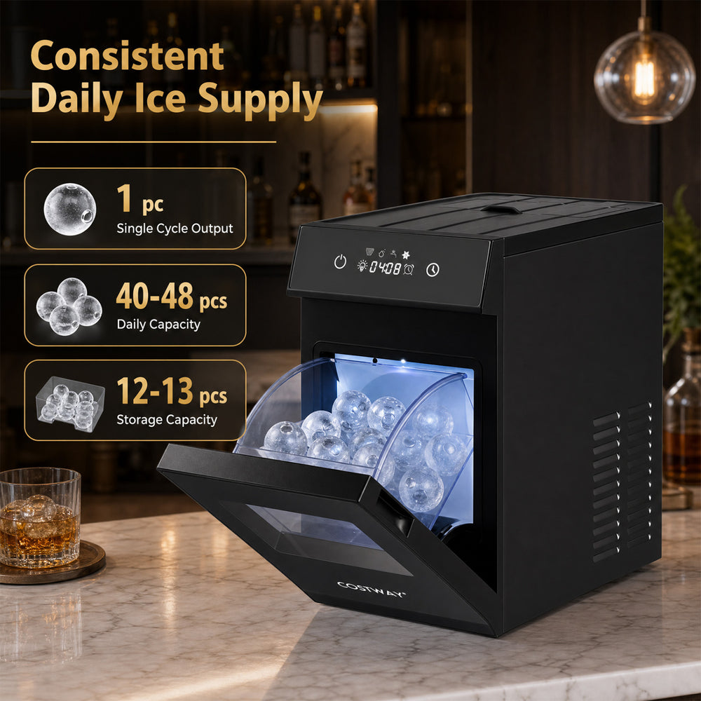 Countertop 2-inch ice ball maker in black with self-cleaning feature, producing 40-48 ice spheres daily for drinks.