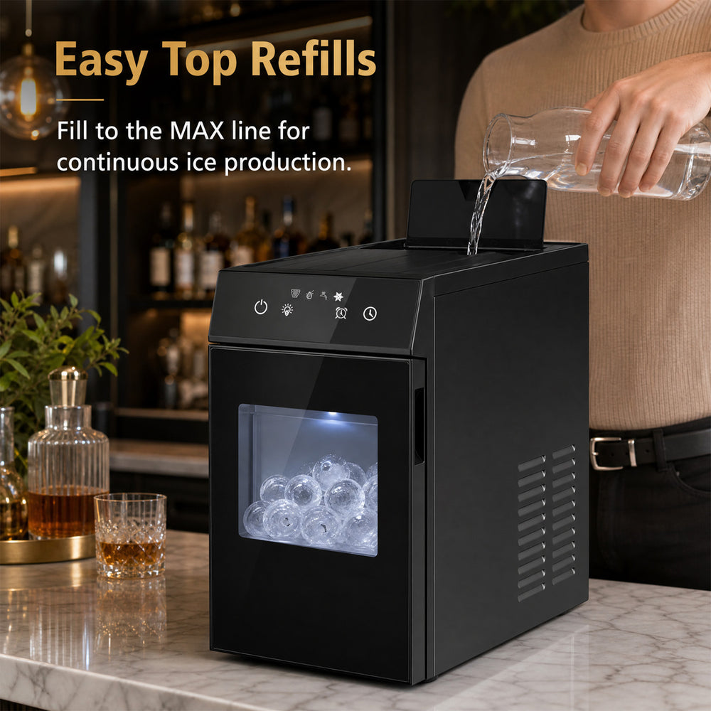 Countertop 2-inch ice ball maker in black with top-fill lid, self-cleaning feature, and 40-48 pcs daily ice capacity.