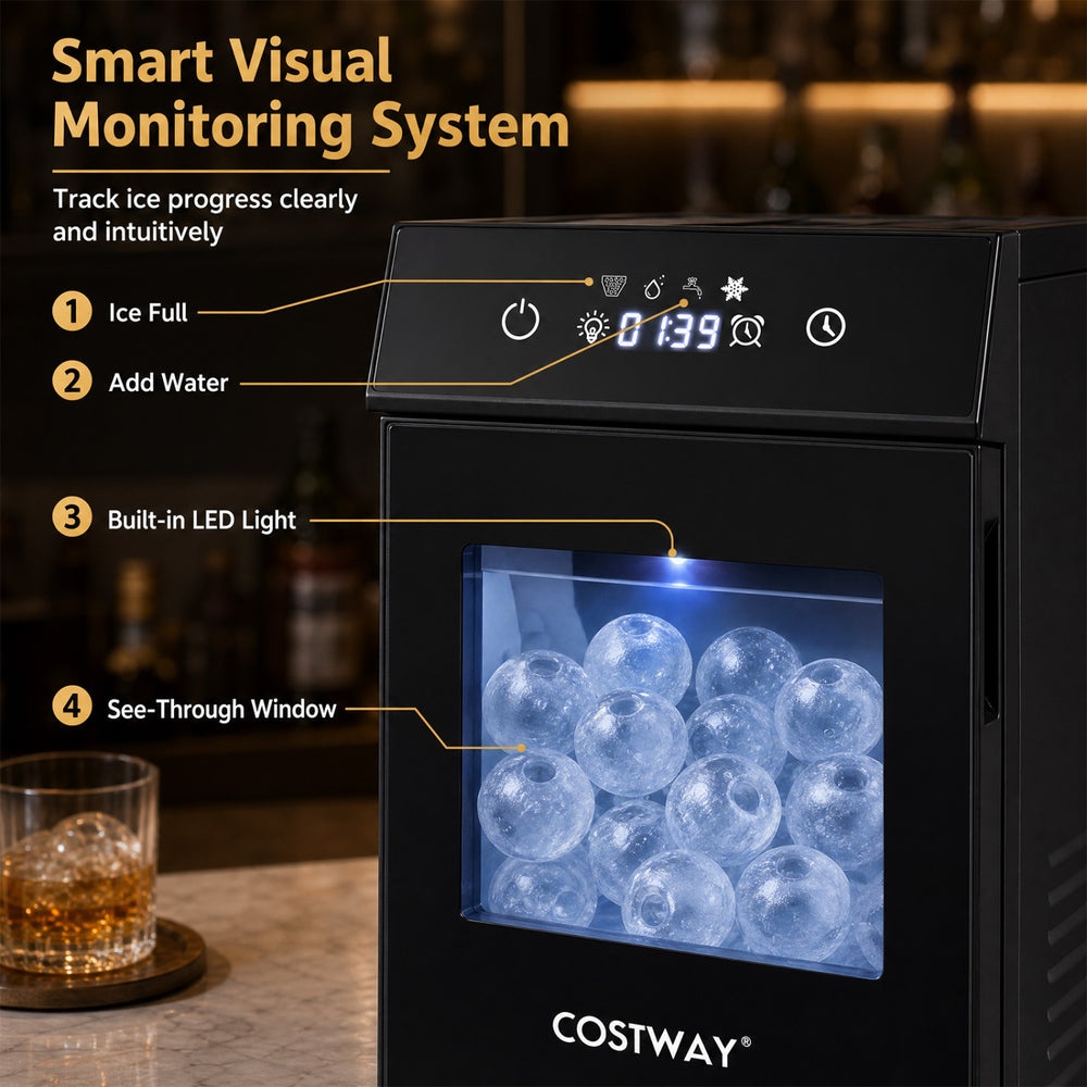 Countertop 2-inch ice ball maker in black with self-cleaning, LED light, and see-through window for easy monitoring.