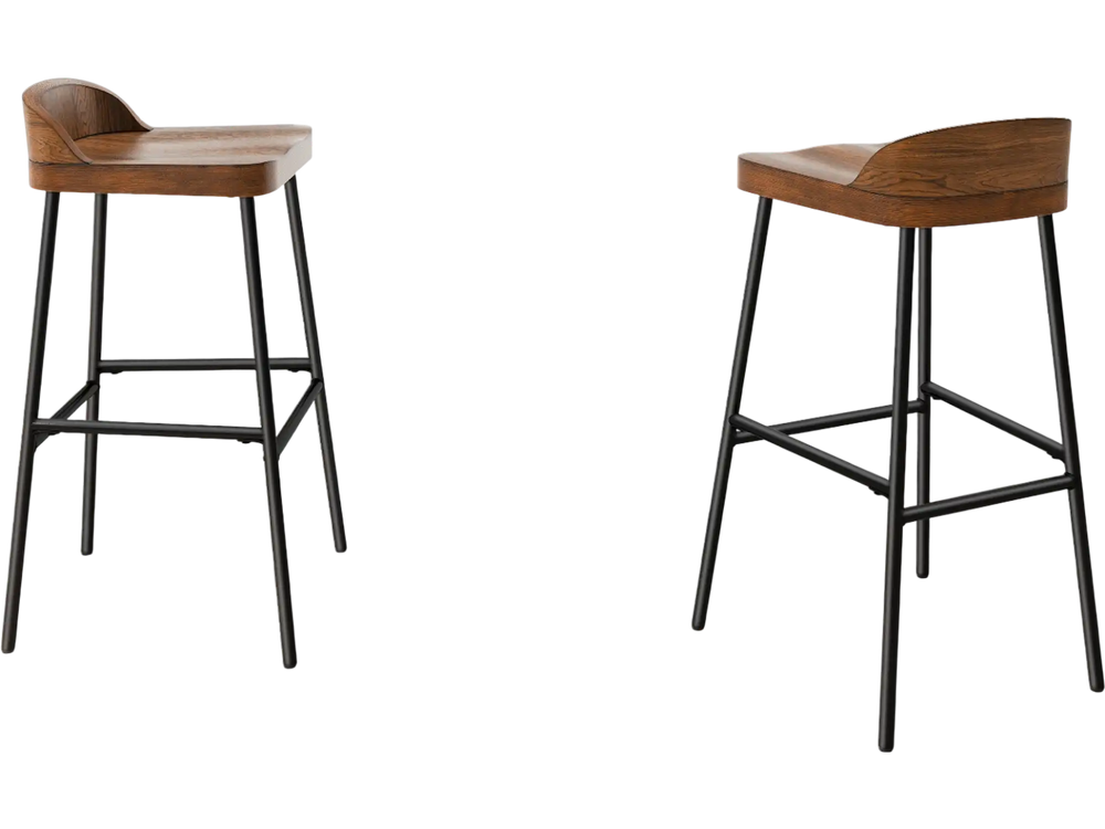 Industrial bar stools with low back and footrests, 29" height, suitable for kitchen islands or dining bars.
