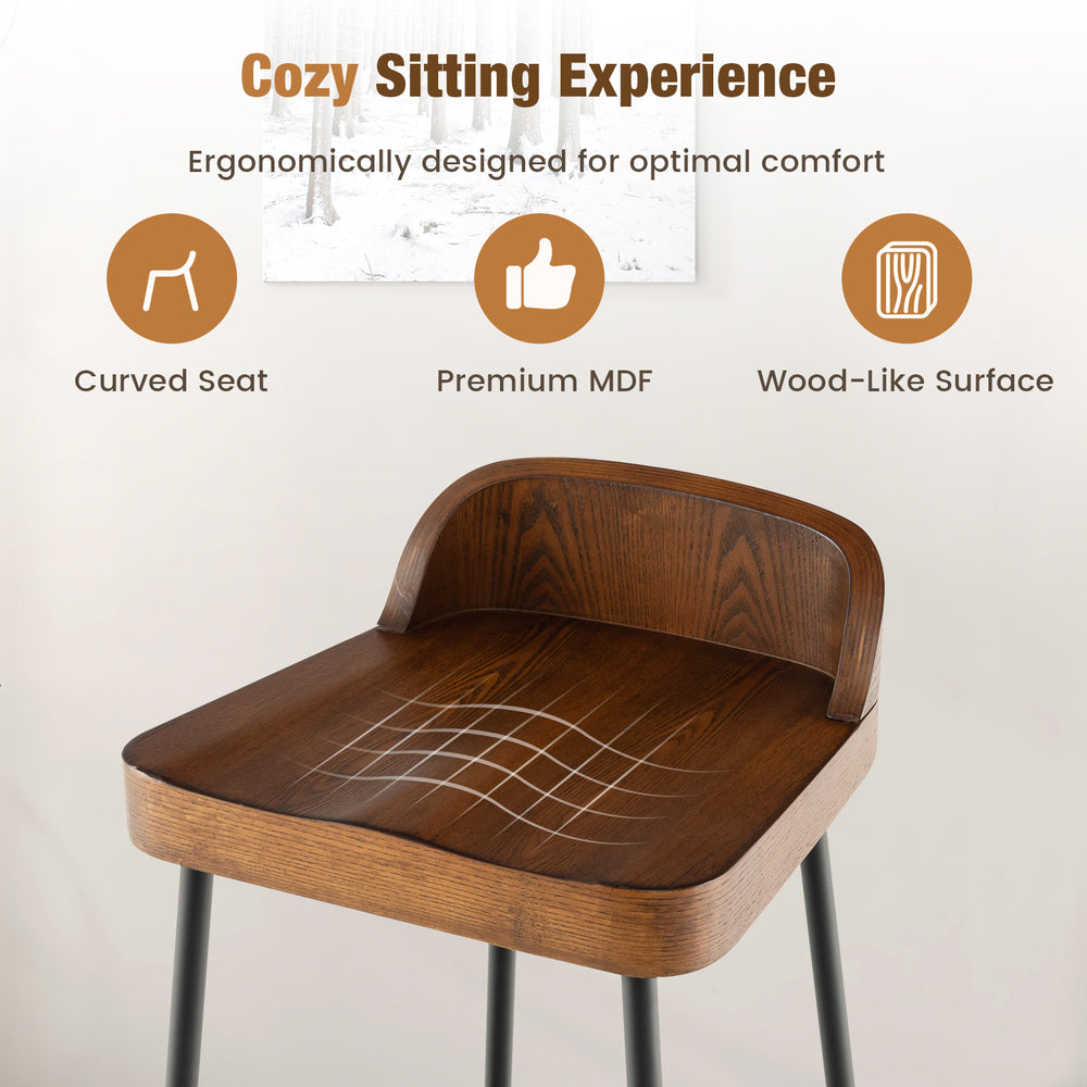 Industrial bar stool with low back, 29" seat height, sturdy metal frame, and wood-like surface for kitchen island use.
