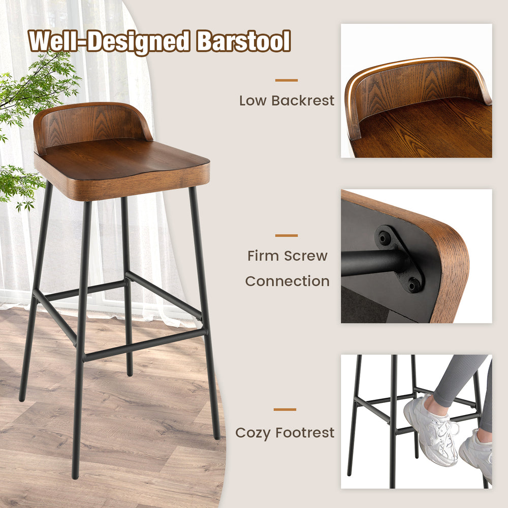 Industrial bar stool with low backrest, 29" height, sturdy metal frame, and footrests, perfect for kitchen islands.