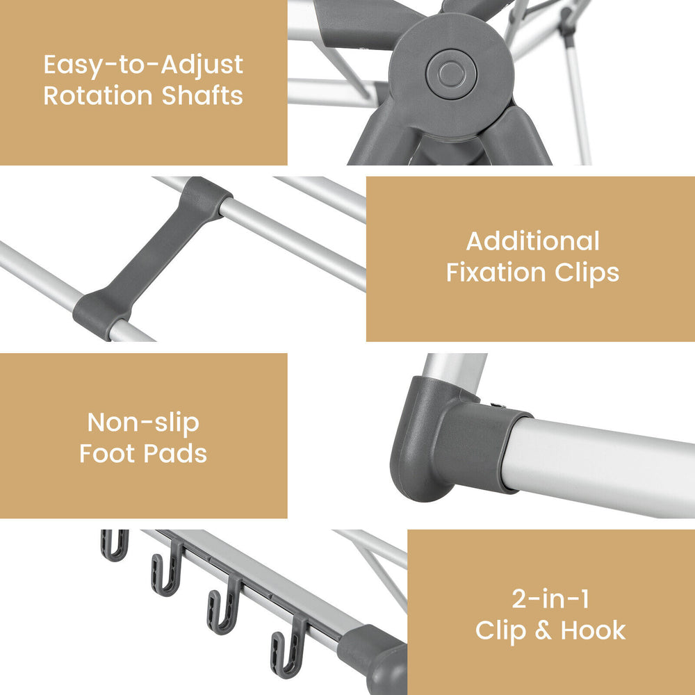 Close-up of the 2-layer folding clothes drying rack showcasing adjustable rotation shafts and non-slip foot pads.