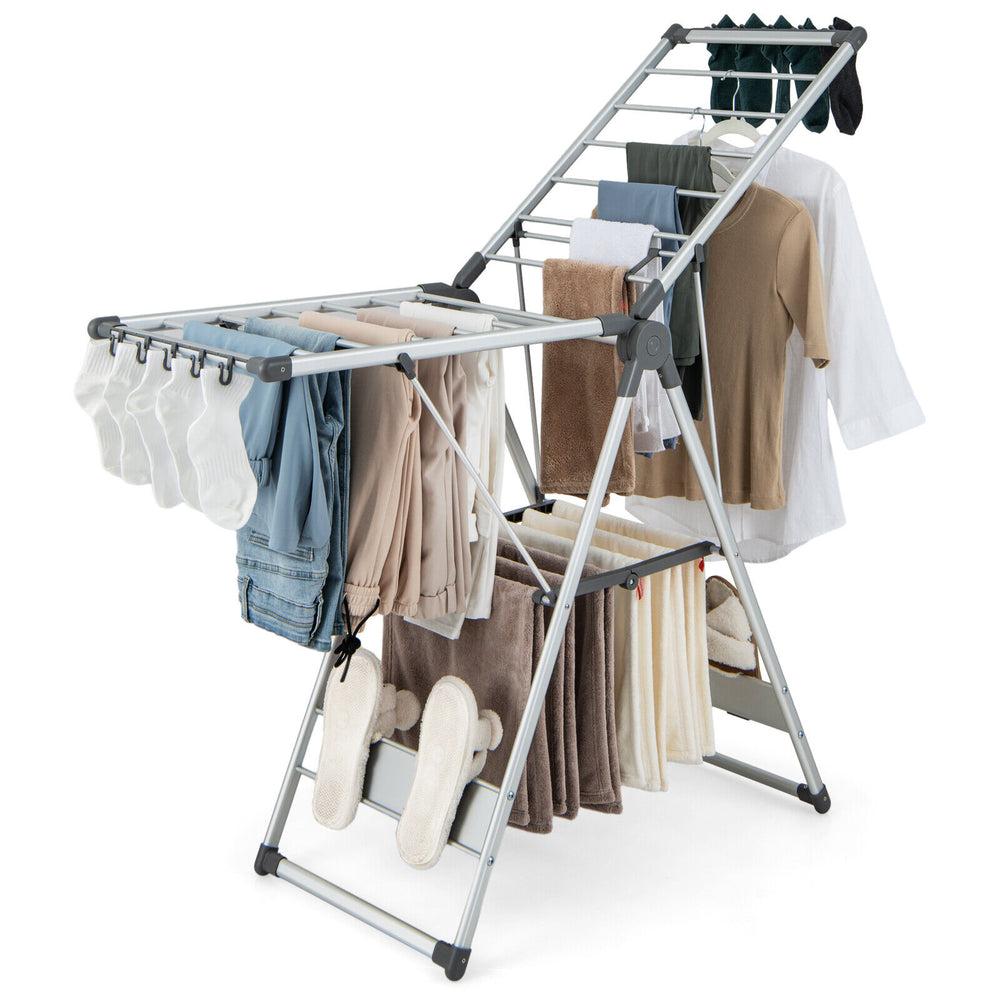 2-layer folding clothes drying rack with adjustable height, featuring a sturdy A-frame and ample space for various.