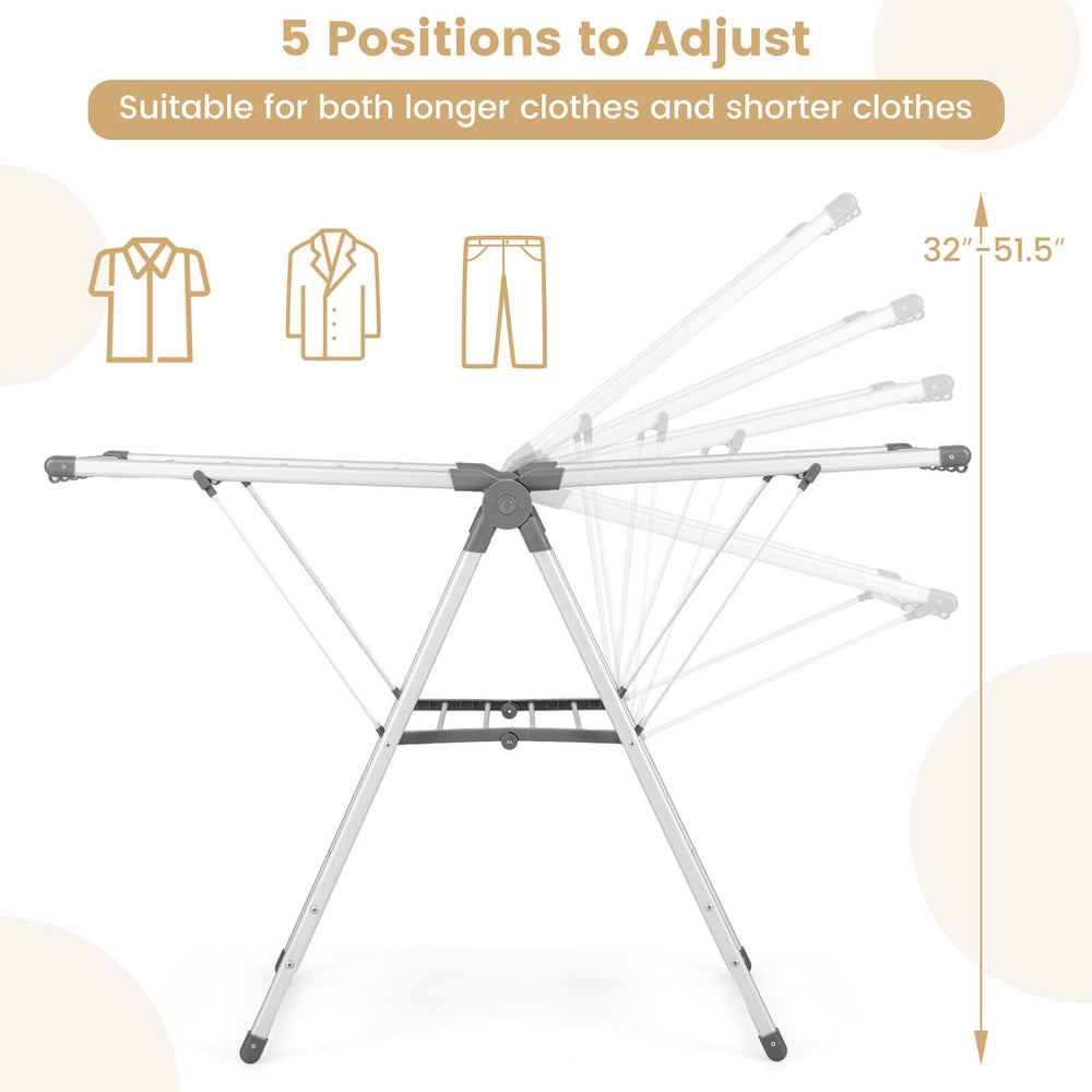 2-layer folding clothes drying rack with 5 adjustable heights, ideal for drying various clothing items efficiently.