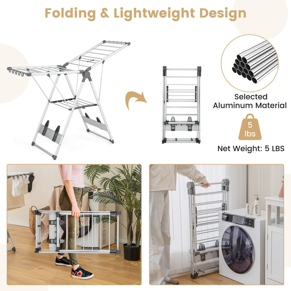 2-layer folding clothes drying rack with adjustable height, lightweight aluminum design for versatile drying needs.