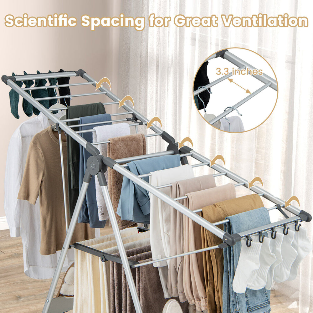 2-layer folding clothes drying rack with adjustable height, featuring scientific spacing for optimal ventilation and.