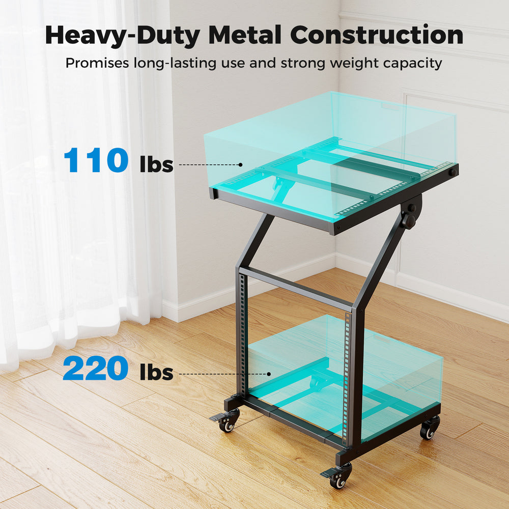 2-layer audio rack mount with heavy-duty metal, adjustable crossbars, and 4 swivel wheels for mobility and stability.
