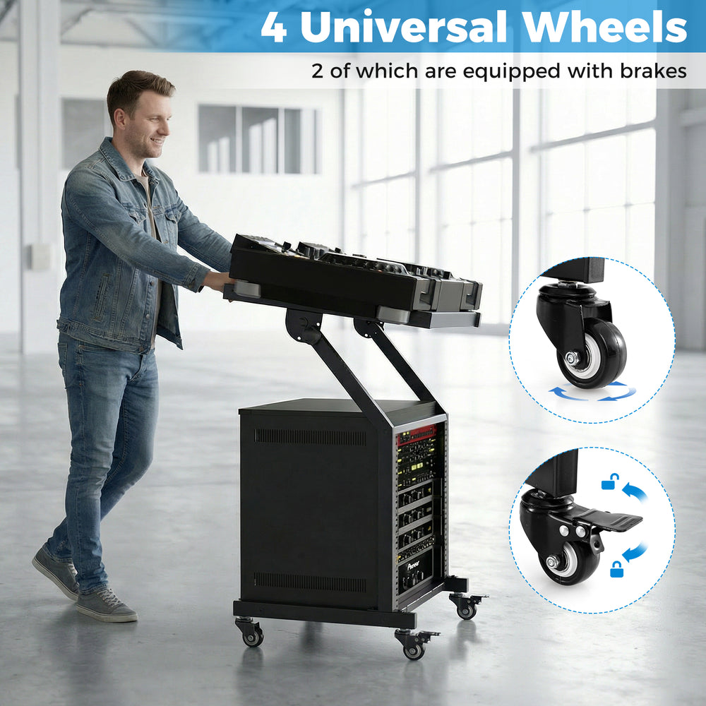 2-layer professional audio rack mount with adjustable crossbars and 4 swivel wheels for easy mobility in studios or.