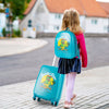 Kid luggage set featuring a blue hardshell suitcase and matching backpack with playful dinosaur patterns for travel.