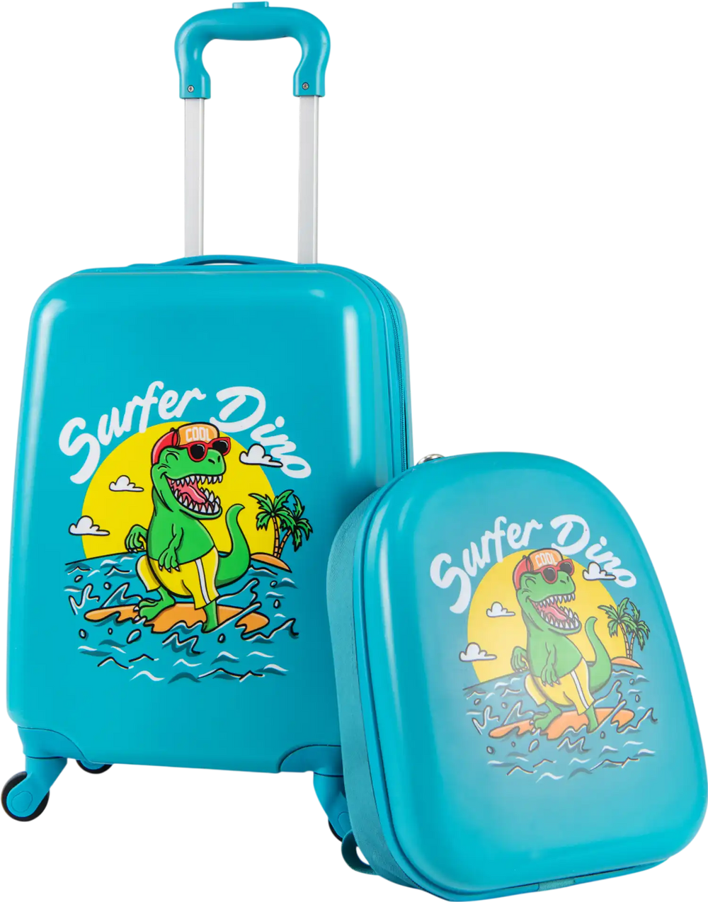 Kid luggage set featuring a blue hardshell suitcase and backpack with playful dinosaur patterns, perfect for travel.