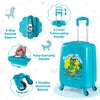 Kid luggage set in blue featuring a hardshell suitcase and backpack with dinosaur patterns, ideal for travel.