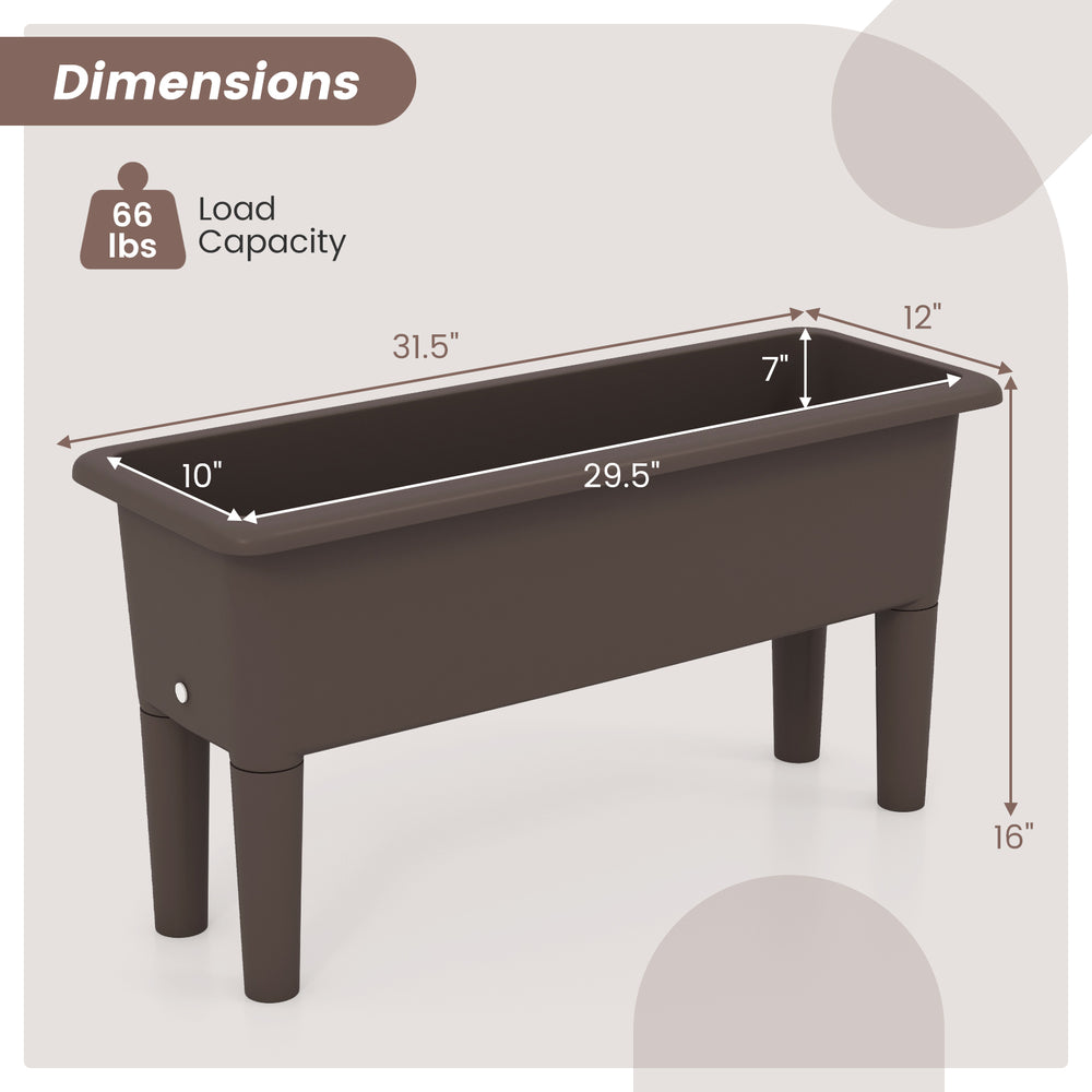 Dimensions of the coffee-colored self-watering planter box with detachable legs, suitable for outdoor gardening.