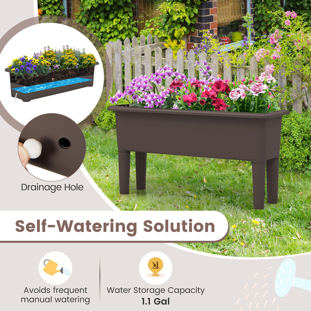 Self-watering planter box with detachable legs, made of weather-proof PP, ideal for flowers and vegetables in outdoor.