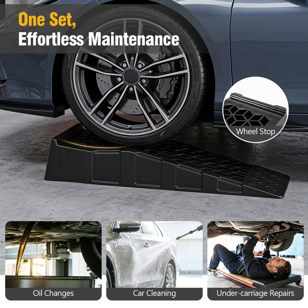 Low-profile car ramps with 2.5"/6.5 cm lift, 22,000 lbs capacity, ideal for oil changes and maintenance in garages.