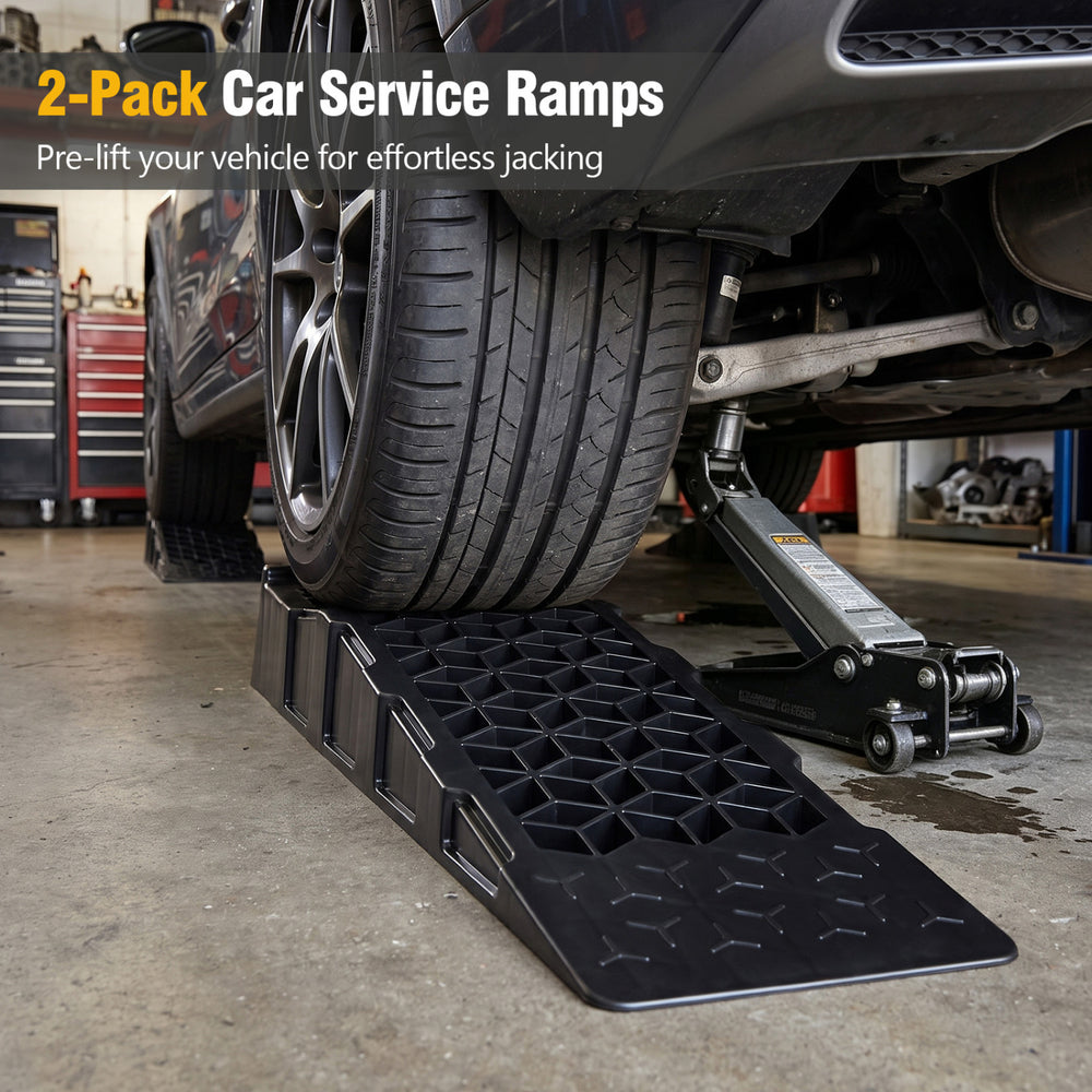 Low-profile car service ramps with 2.5"/6.5 cm lift and 22,000 lbs capacity, ideal for low-chassis vehicle maintenance.