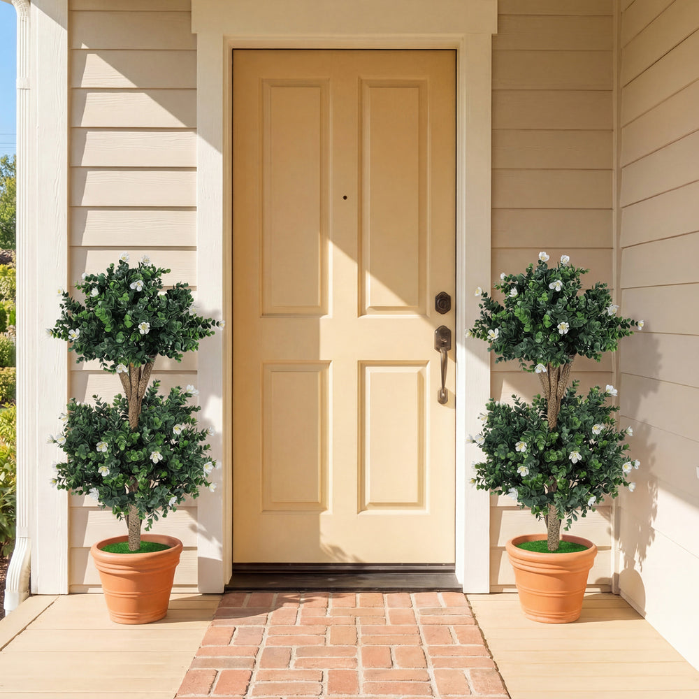 2 Pack 36" Artificial Double Ball Boxwood Topiary Tree with 41 Blossoms-White - Gallery View 1 of 9
