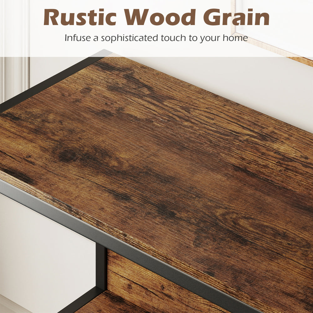 Rustic wood grain surface of the 3-tier industrial bookshelf with metal frame in rustic brown for stylish home decor.