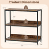3-tier industrial bookshelf with metal frame in rustic brown, showcasing dimensions and weight capacity for each shelf.