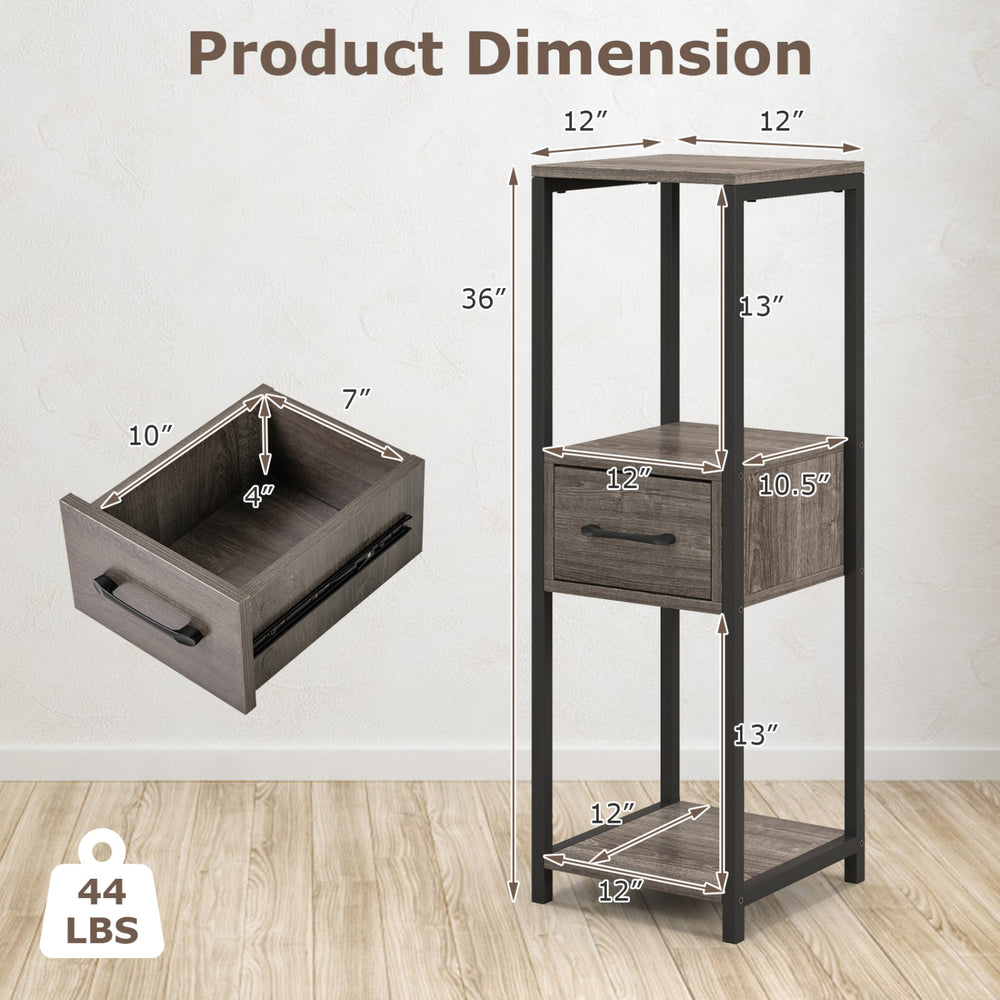 3-tier gray metal plant stand with drawer, measuring 36" tall, ideal for books and plants in small spaces.