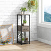 3-tier gray metal plant stand with drawer, featuring faux wood grain, ideal for displaying plants and ornaments in any.