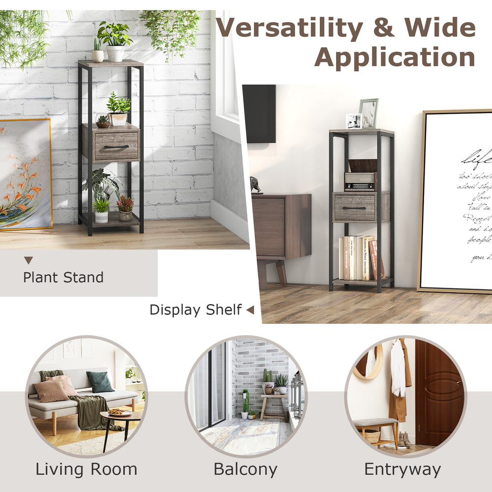 3-tier gray metal plant stand with drawer, perfect for displaying plants and books in living room or entryway.