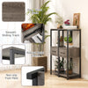 3-tier gray metal plant stand with faux wood grain, slide-out drawer, and non-slip foot pads for versatile storage.