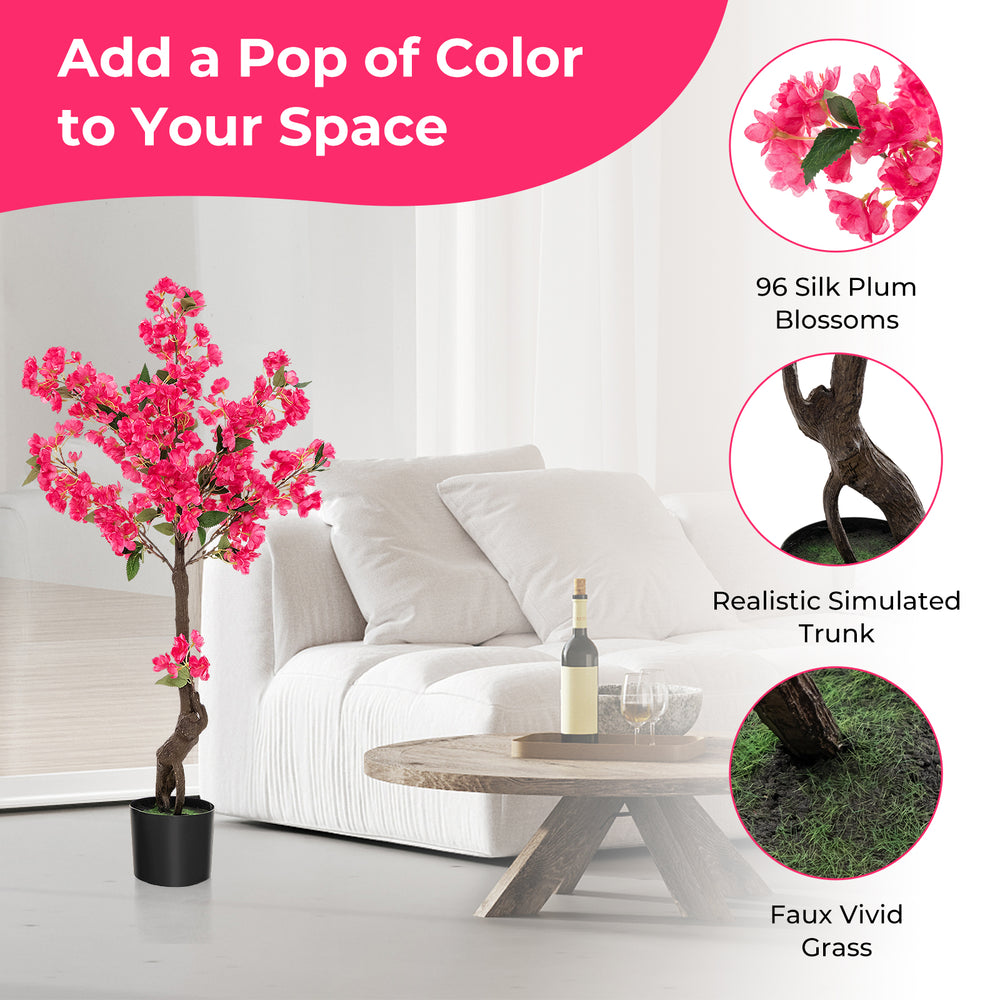 Artificial plum blossom tree with 92 silk flowers and realistic trunk, perfect for adding color to indoor spaces.