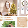 Pre-lit 6 ft artificial Christmas tree with 100 warm white LED lights, made from flame-retardant PVC material for safety.