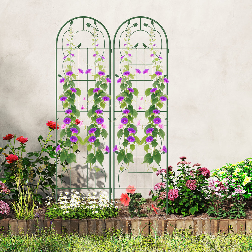 Metal garden trellis set featuring a charming flower pattern, 71 x 20 inches, ideal for supporting climbing plants.