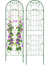 Green metal garden trellis set for climbing plants, 71 x 20 inches, rustproof with decorative flower patterns.