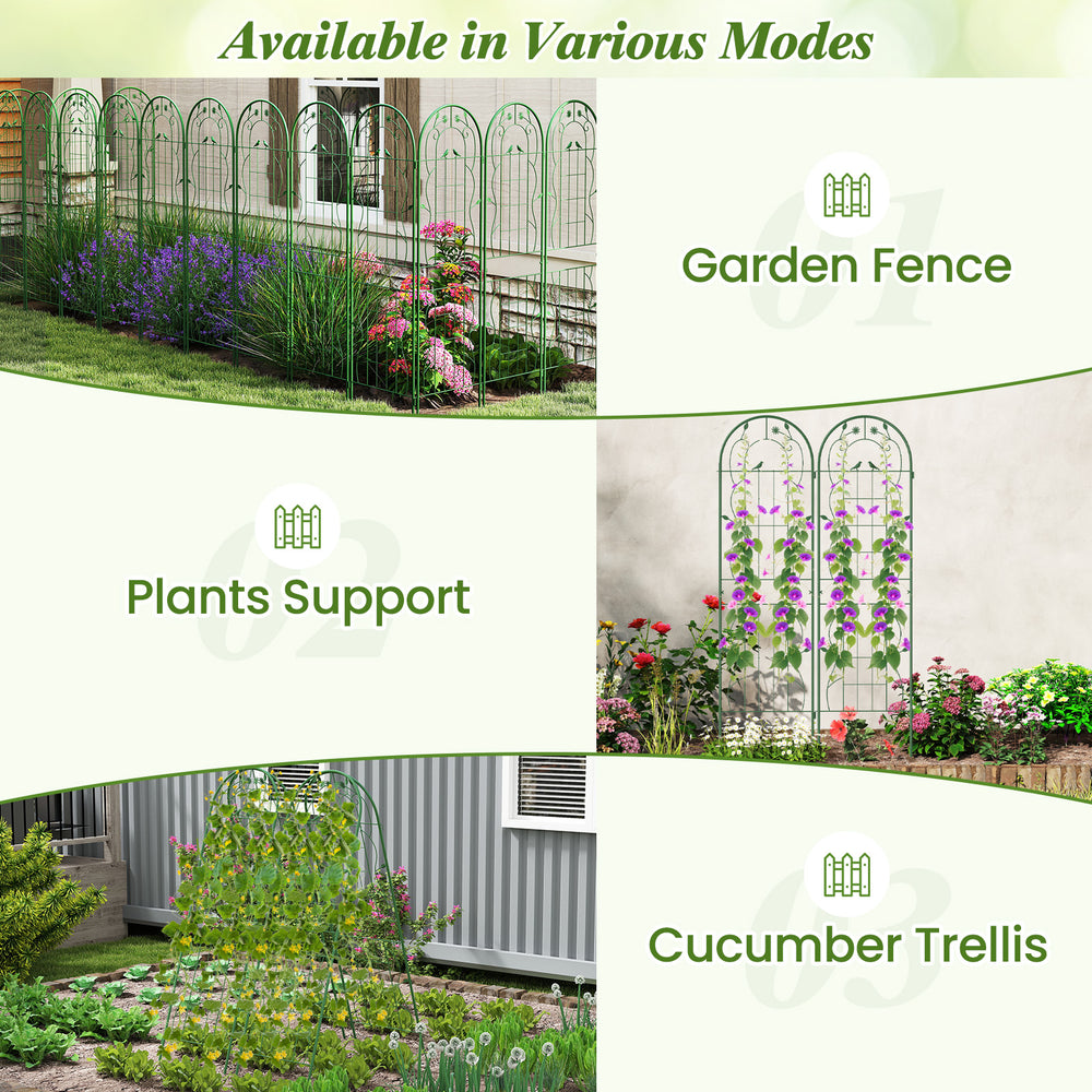 Metal garden trellis in green, 71 x 20 inches, used as plant support or garden fence for climbing plants.