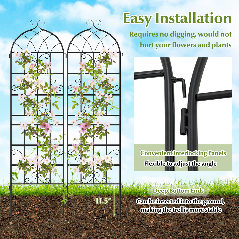 Metal garden trellis with elegant vine design, 71" x 20", easy installation for climbing plants in outdoor settings.