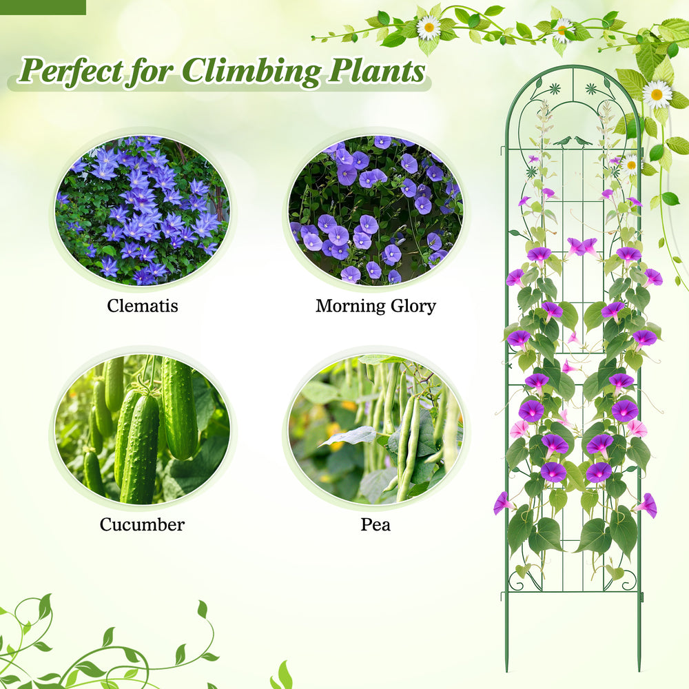 Metal garden trellis for climbing plants, 86.5 x 20 inches, green, sturdy design with floral pattern for outdoor charm.