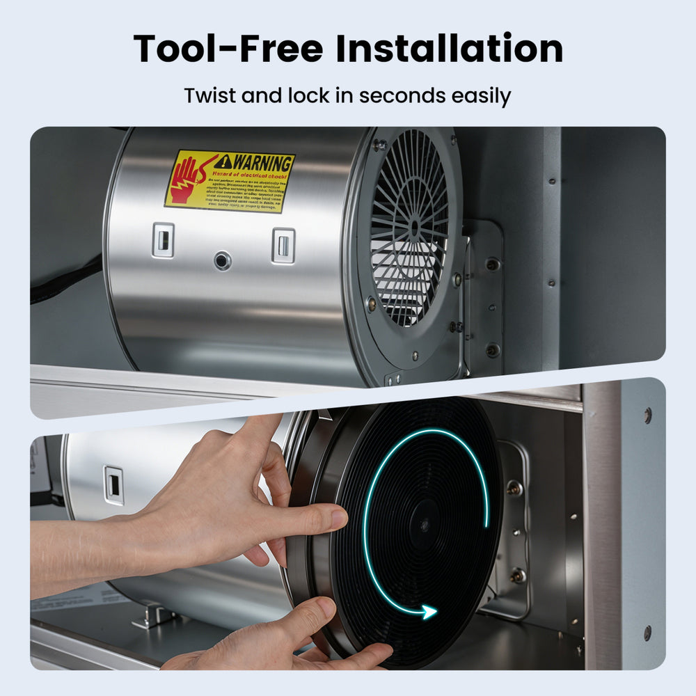 Activated carbon filter installation shows tool-free twist and lock mechanism for ductless range hoods.